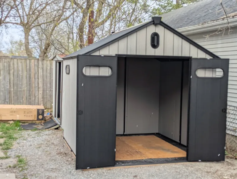 Resin shed 3/4 angle view with doors open, Markham Ontario