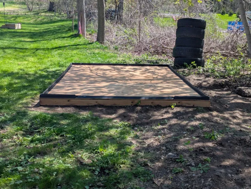 Resin shed base frame leveled and ready, The Kawarthas Ontario