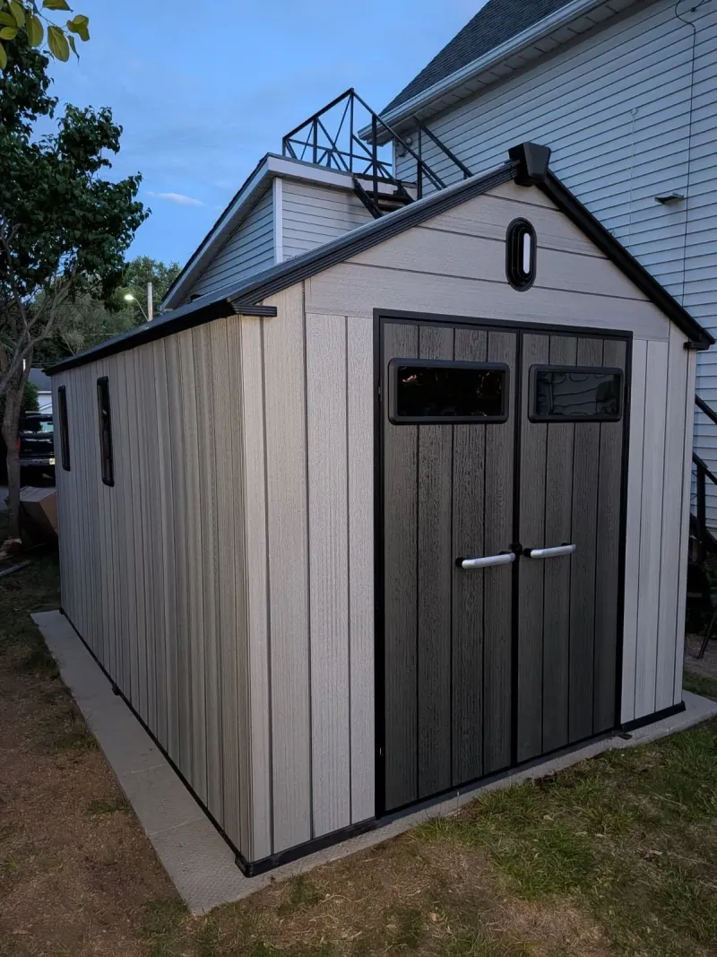 Resin shed front angle view at dusk, Brockville Ontario
