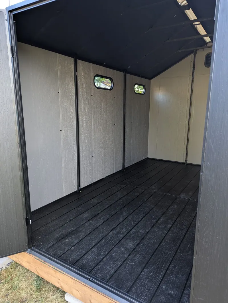 Resin shed interior floor view from doorway in South Ontario