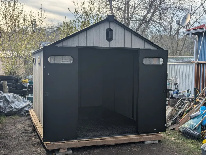 Large resin shed with doors open, Brampton Ontario