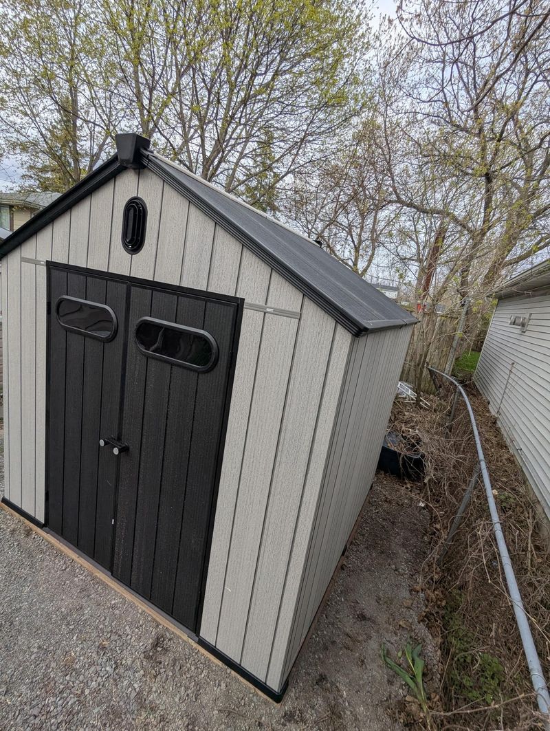 Resin shed side angle view installed, Markham Ontario