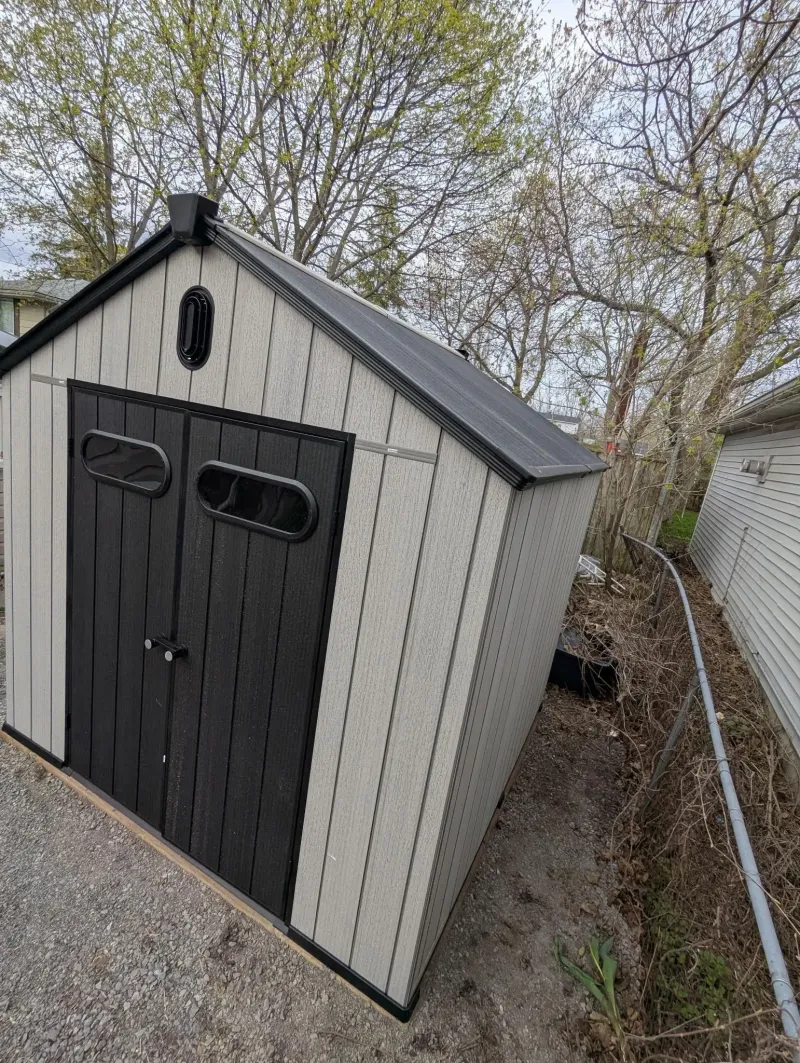 Resin shed side angle view installed, Markham Ontario