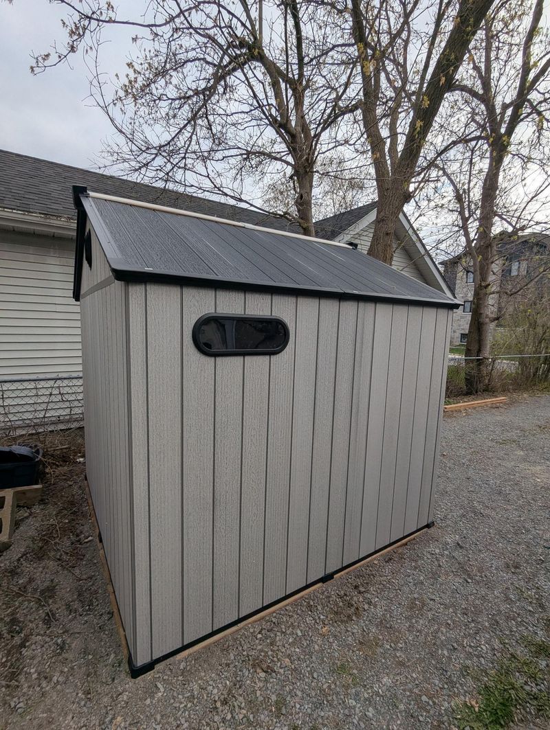 Resin shed side view fully installed, Brampton Ontario