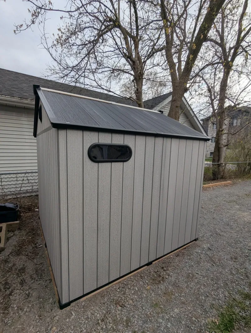 Resin shed side view fully installed, Brampton Ontario