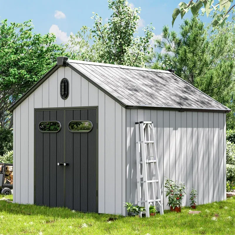 8x16 resin storage shed side view with ladder